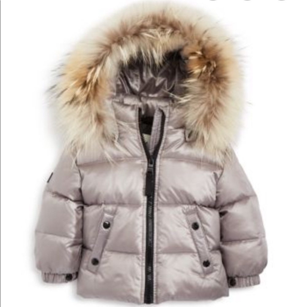 SAM. Silver Puffer Jacket with Fur Hood